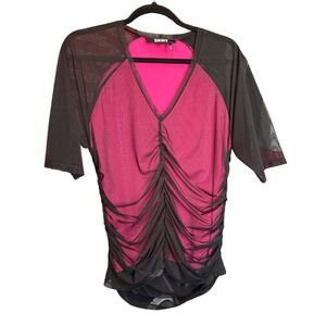 DKNY Sheer Mesh Ruched Top Y2K Black Pink Layered V-Neck L Top Y2K Indie Rave